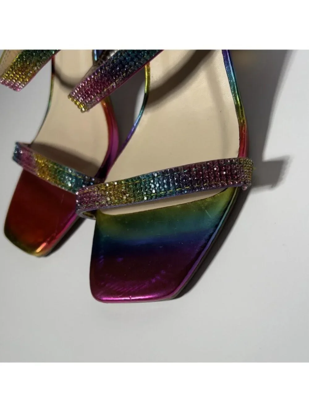 Bamboo Rainbow Metallic Rhinestone Mule Sandals Women’s 8 Block Heel